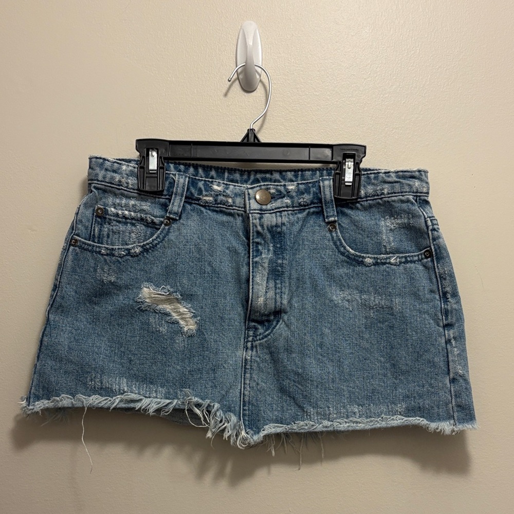 Free People Distressed Low-rise Mini Blue Denim Skirt